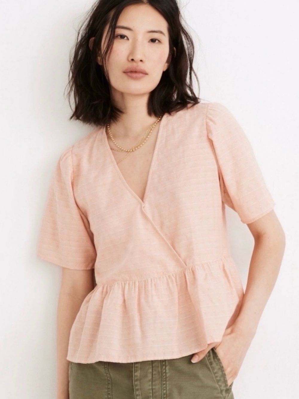 Madewell Crossover Peplum Top Antique Coral Short Sleeve V-Neck Size XS